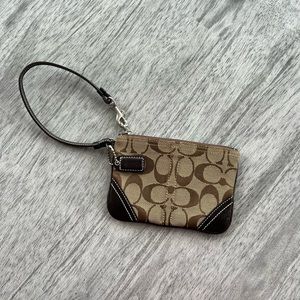 Coach Small Vintage Signature Brown Canvas & Leather Zippered Wristlet.
